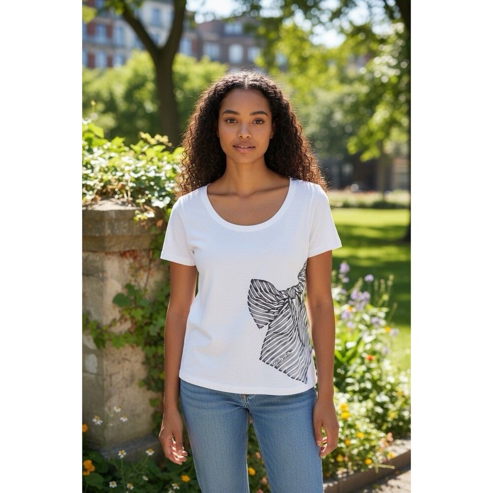 Lauren Moshi White Short Sleeve Bow Graphic Woman T-shirt Y2K